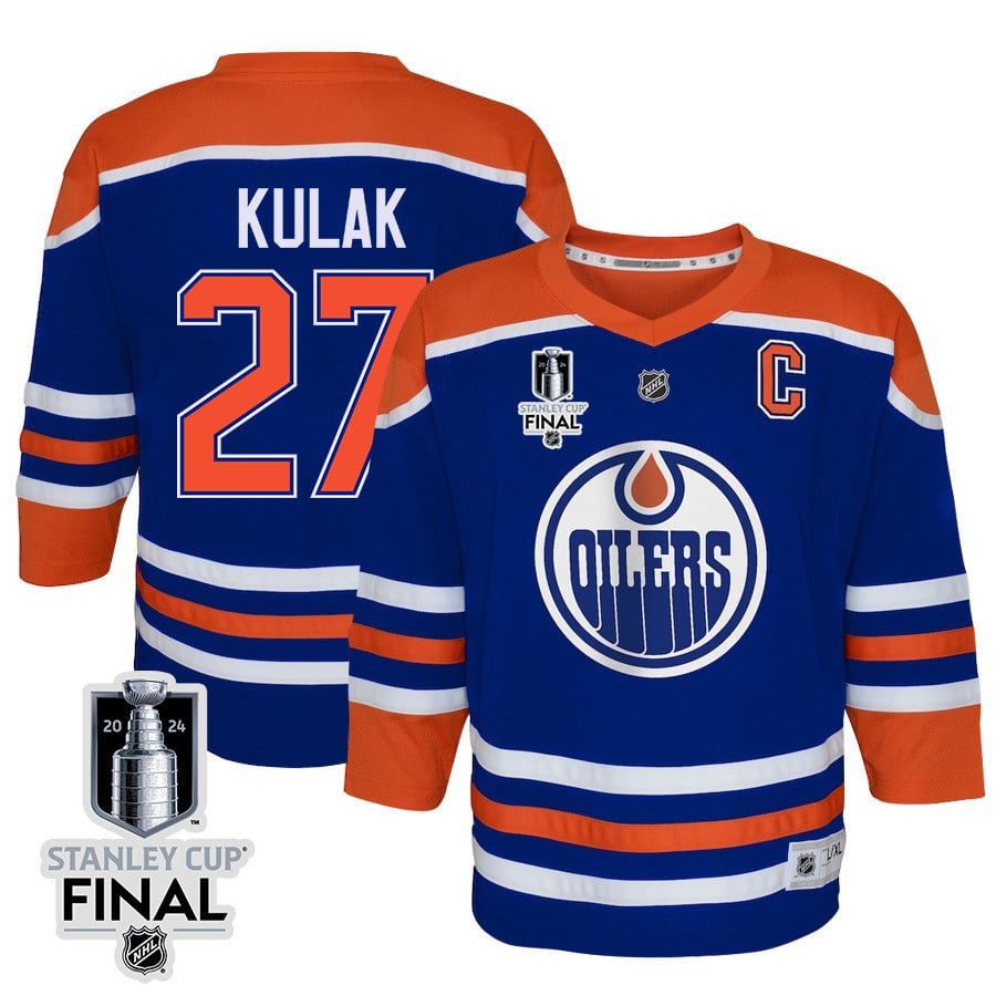 Brett Kulak 27 Edmonton Oilers 2024 STANLEY CUP Final Home Royal NHL Jersey Youth