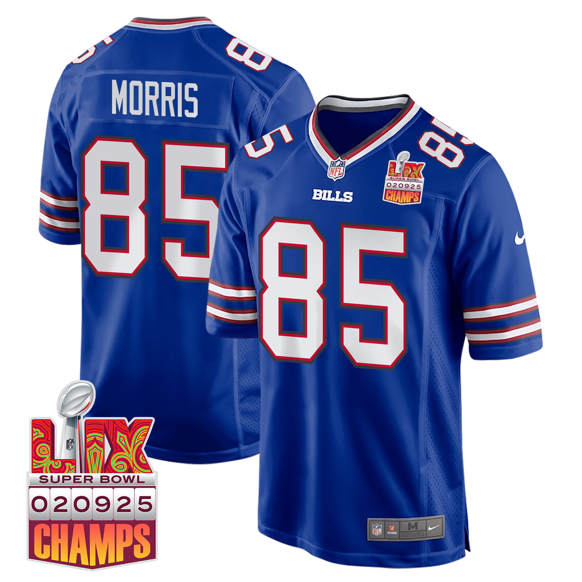 Quintin Morris 85 Buffalo Bills Super Bowl LIX Champions Patch Game Royal NFL Jersey Men's