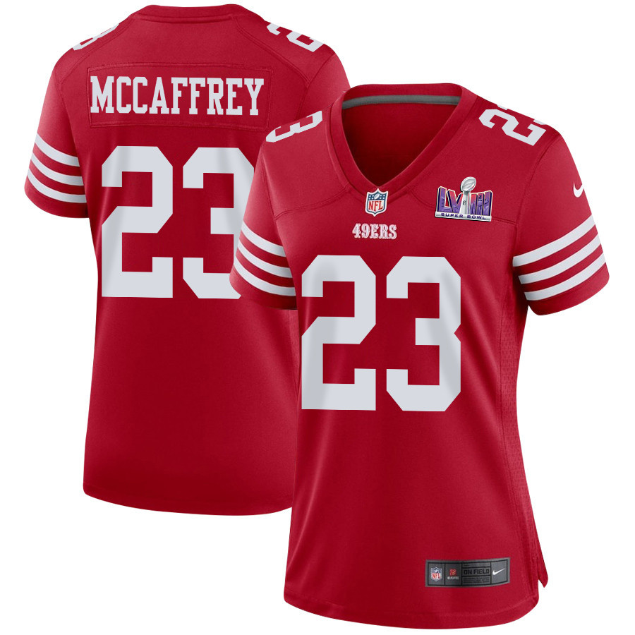Christian McCaffrey 23 San Francisco 49ers Super Bowl LVIII Patch Game Scarlet NFL Jersey Women's