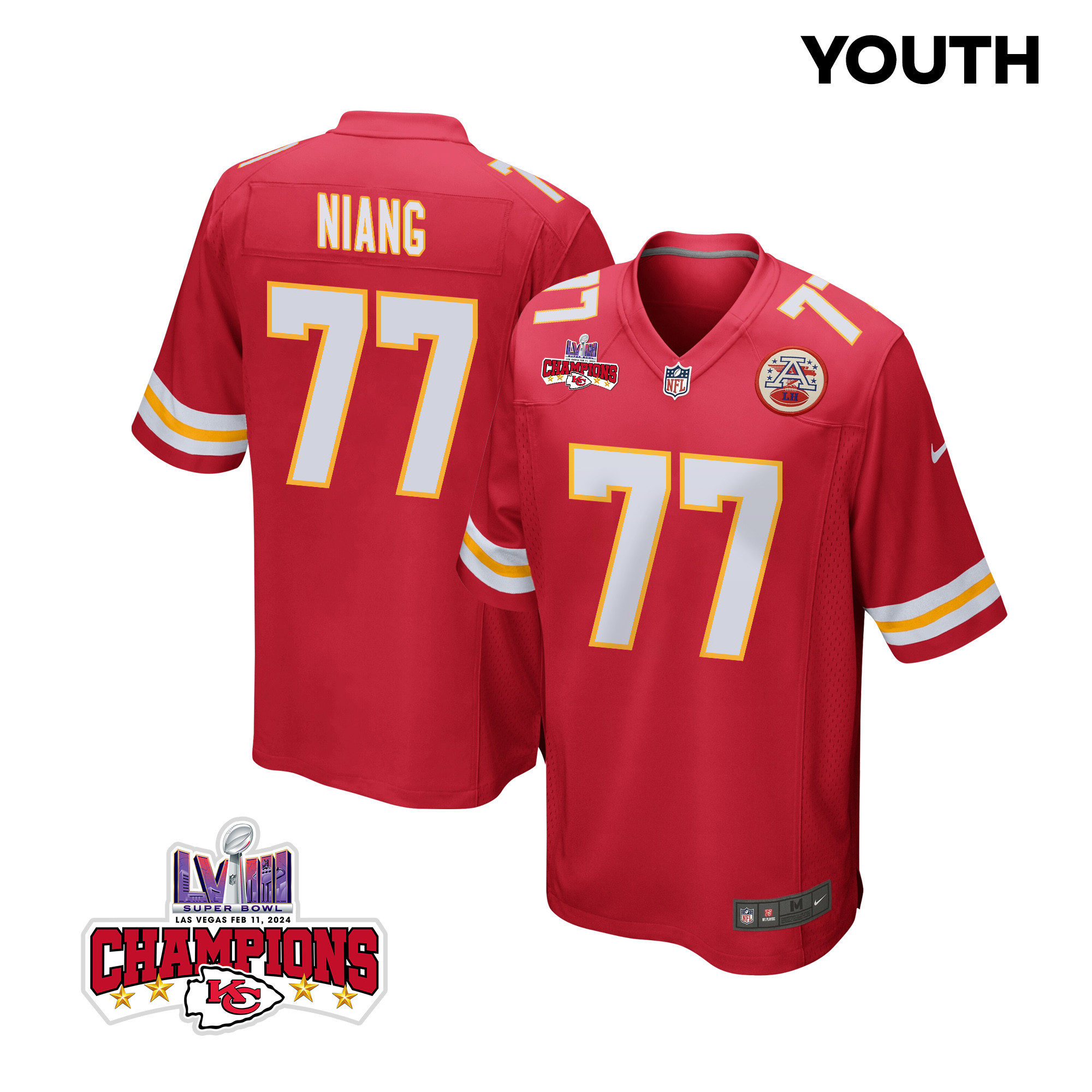 Lucas Niang 77 Kansas City Chiefs Super Bowl LVIII Champions 4 Stars Patch Game Red NFL Jersey Youth
