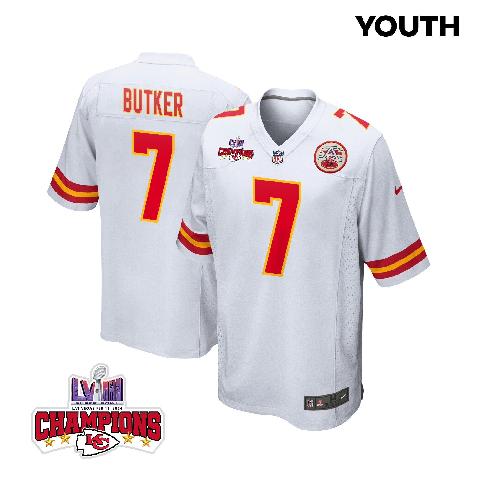 Harrison Butker 7 Kansas City Chiefs Super Bowl LVIII Champions 4 Stars Patch Game White NFL Jersey Youth