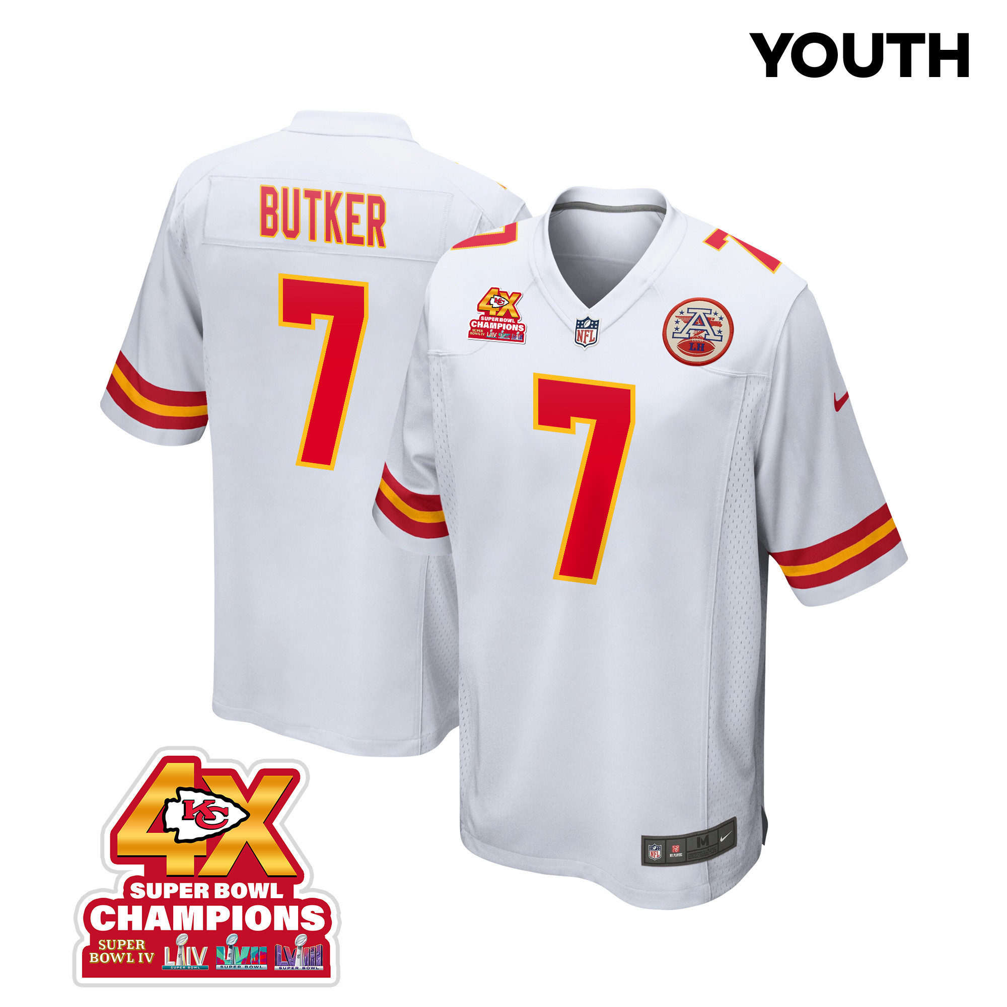 Harrison Butker 7 Kansas City Chiefs Super Bowl LVIII Champions 4X Game White NFL Jersey Youth