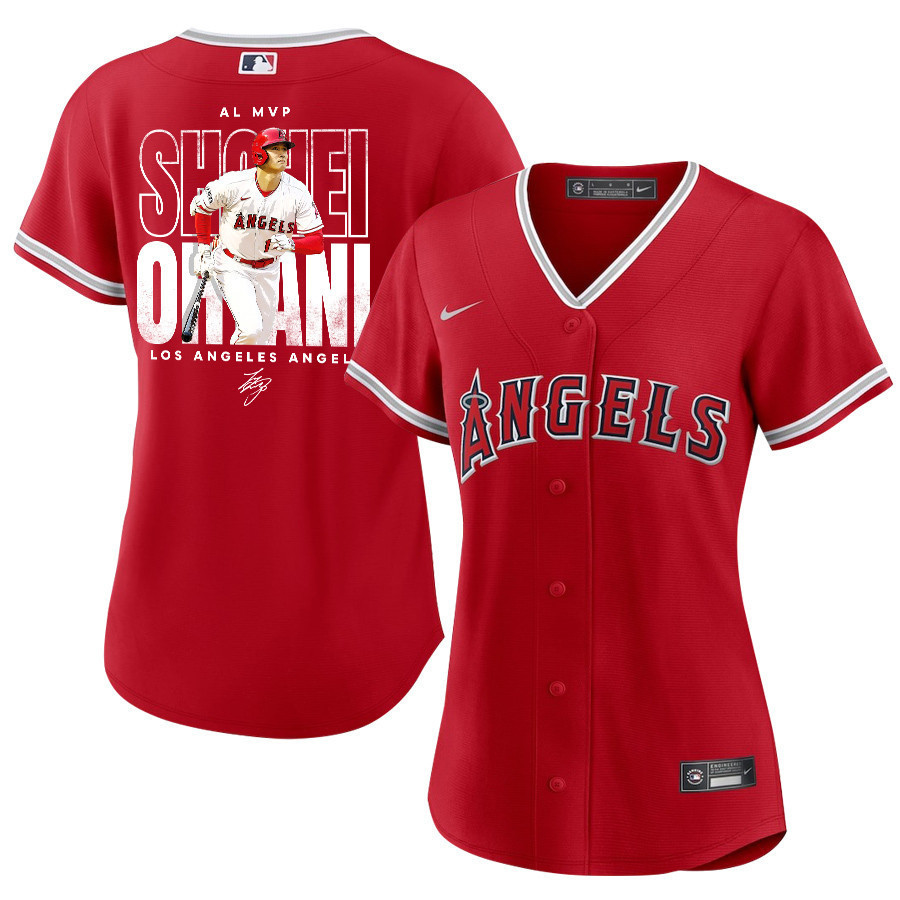Shohei Ohtani 17 Los Angeles Angels Signed Name 2023 Alternate Player Red MLB Jersey Women's