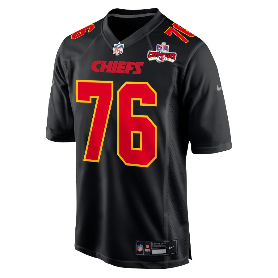 Prince Tega Wanogho 76 Kansas City Chiefs Super Bowl LVIII Champions 4 Stars Patch Fashion Game Carbon Black NFL Jersey Men's