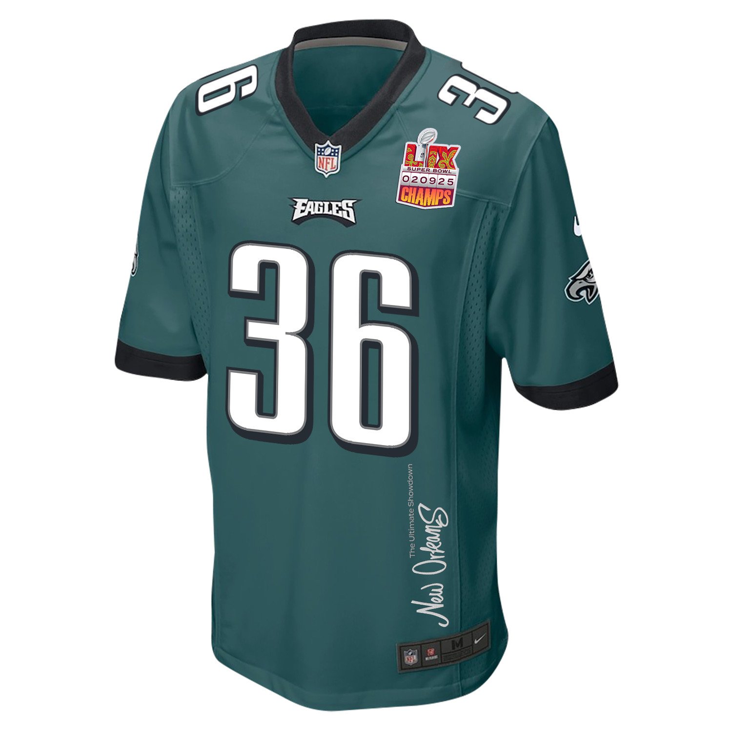 Tristin McCollum 36 Philadelphia Eagles Super Bowl LIX Champions Patch New Orleans The Ultimate Showdown' EMBROIDERED Game Midnight Green NFL Jersey Men's
