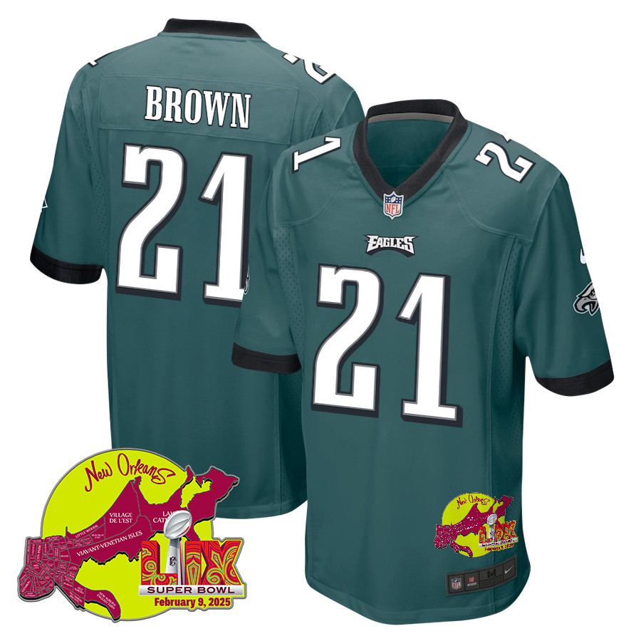 Sydney Brown 21 Philadelphia Eagles Super Bowl LIX New Orleans Patch Game Midnight Green NFL Jersey Men's