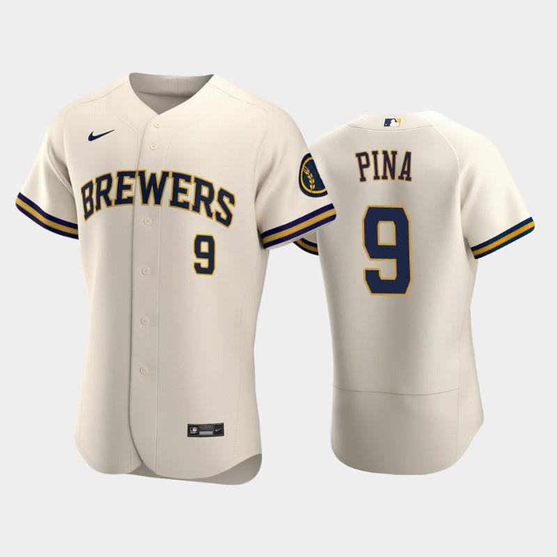 Milwaukee Brewers 9 Manny Pina Home Team Cream MLB Jersey Men's