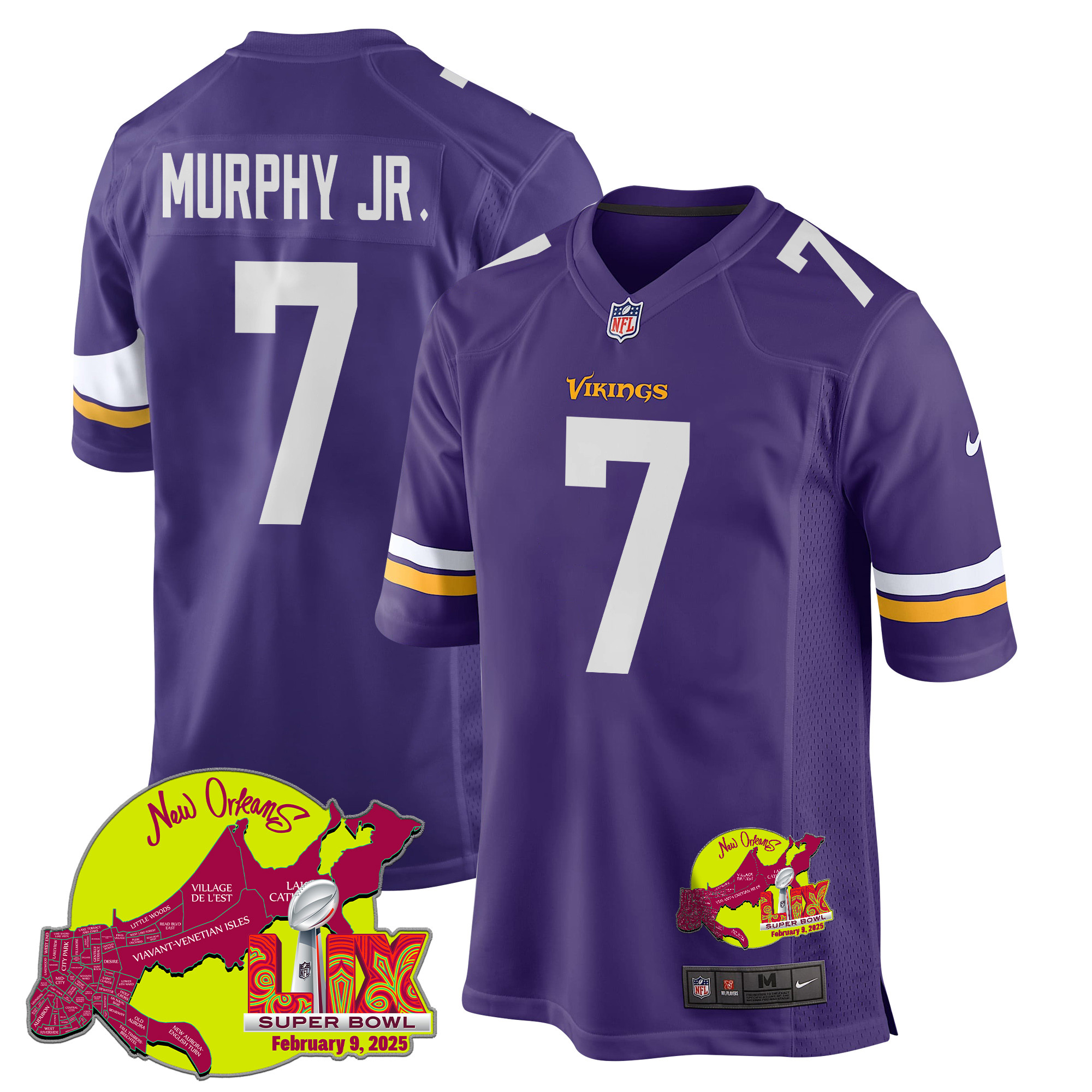Byron Murphy Jr. 7 Minnesota Vikings Super Bowl LIX New Orleans Patch Game Purple NFL Jersey Men's