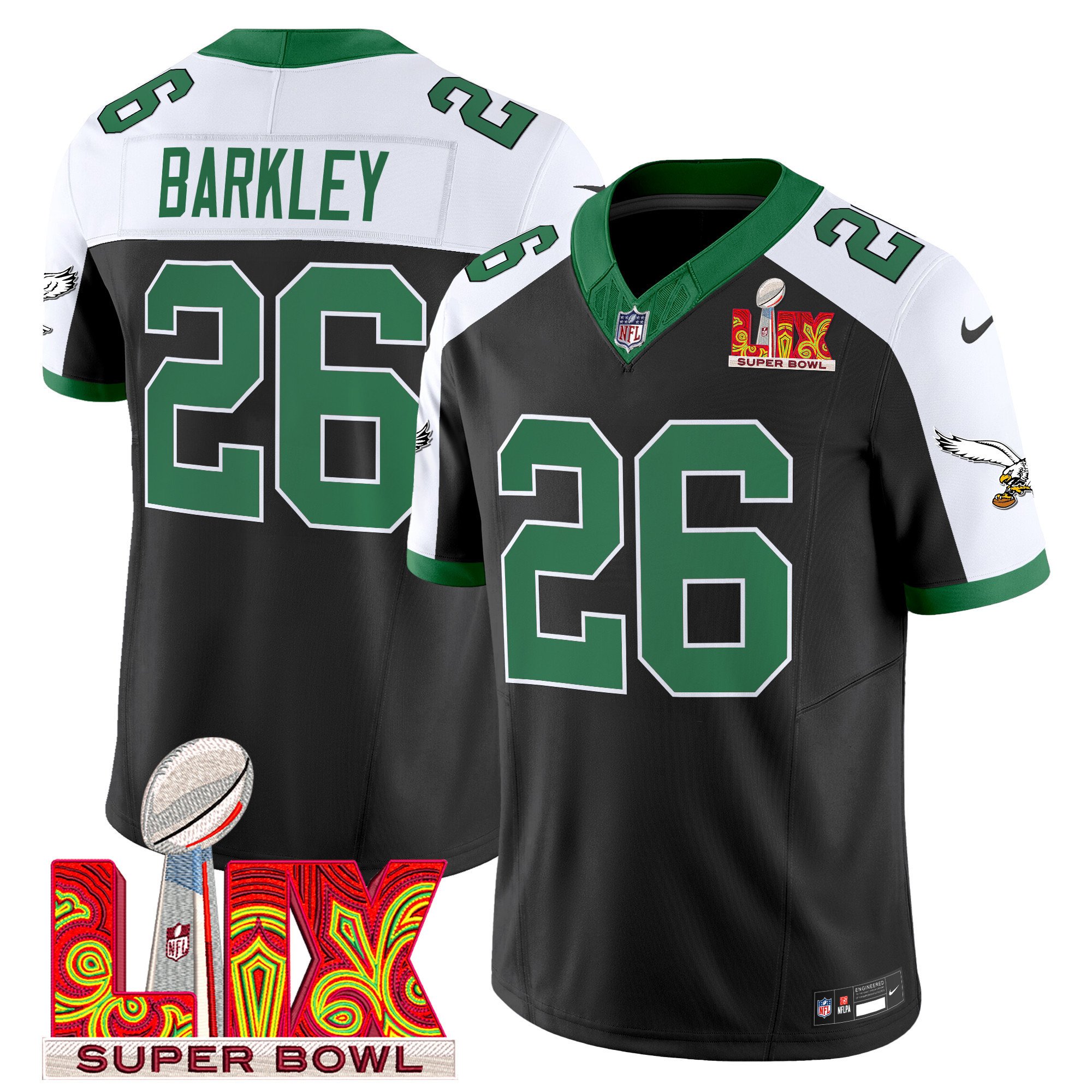 Saquon Barkley 26 Philadelphia Eagles Kelly Green Super Bowl Champions LIX Patch Vapor Limited Black Alternate NFL Jersey Men's