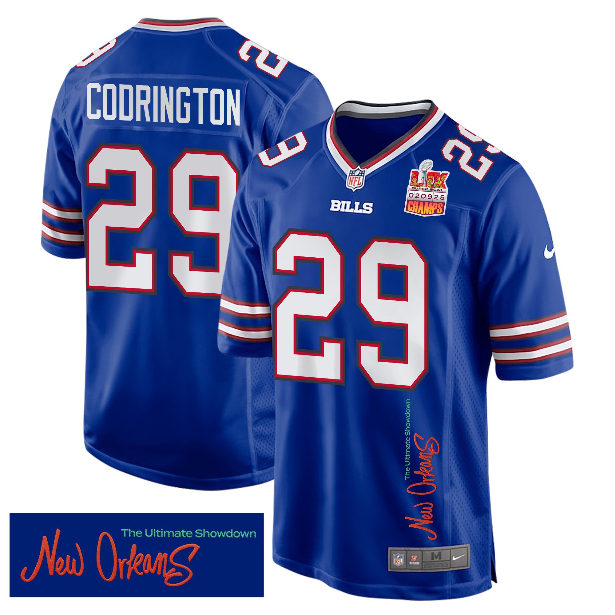 Brandon Codrington 29 Buffalo Bills Super Bowl LIX Champions Patch New Orleans The Ultimate Showdown' EMBROIDERED Game Royal NFL Jersey Men's