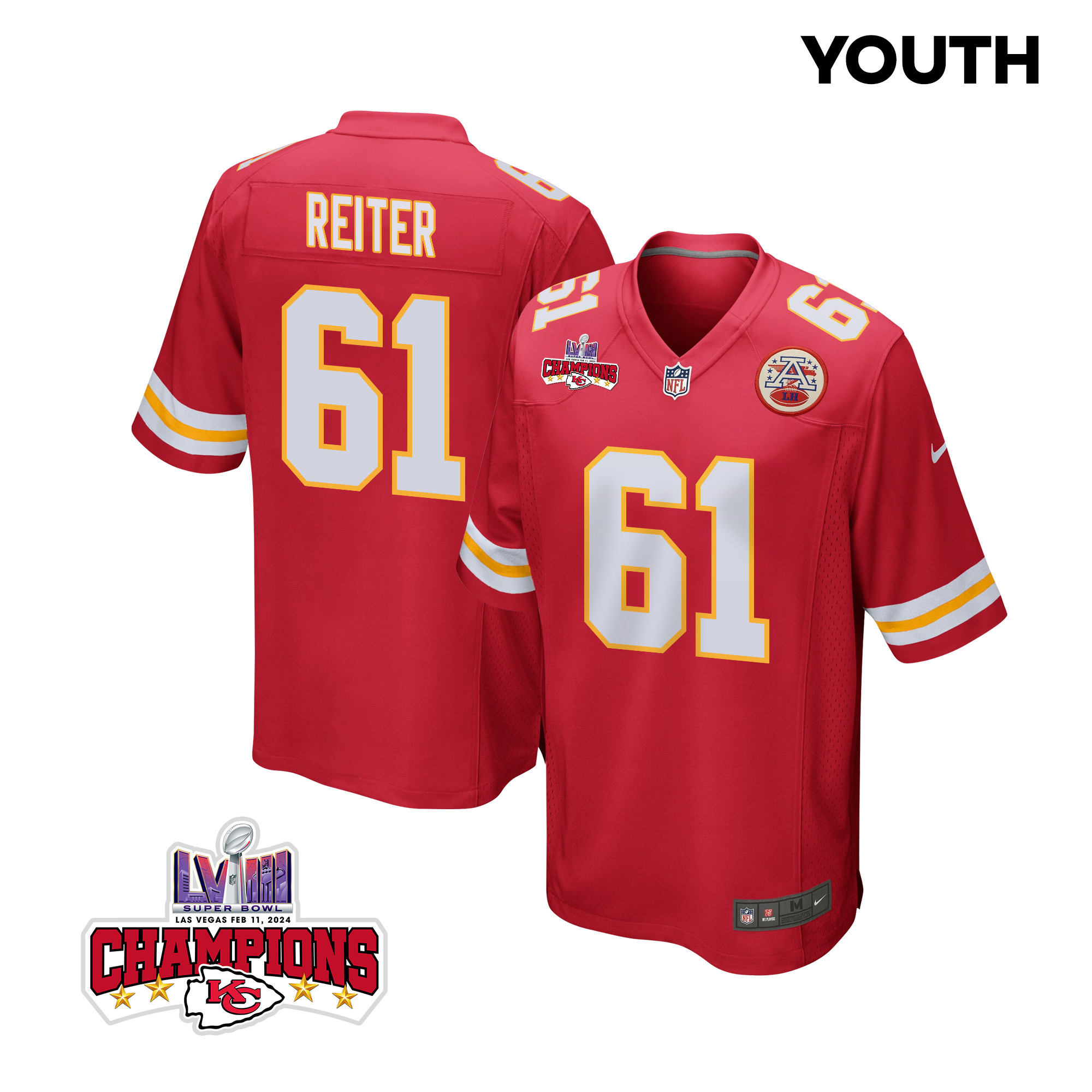 Austin Reiter 61 Kansas City Chiefs Super Bowl LVIII Champions 4 Stars Patch Game Red NFL Jersey Youth