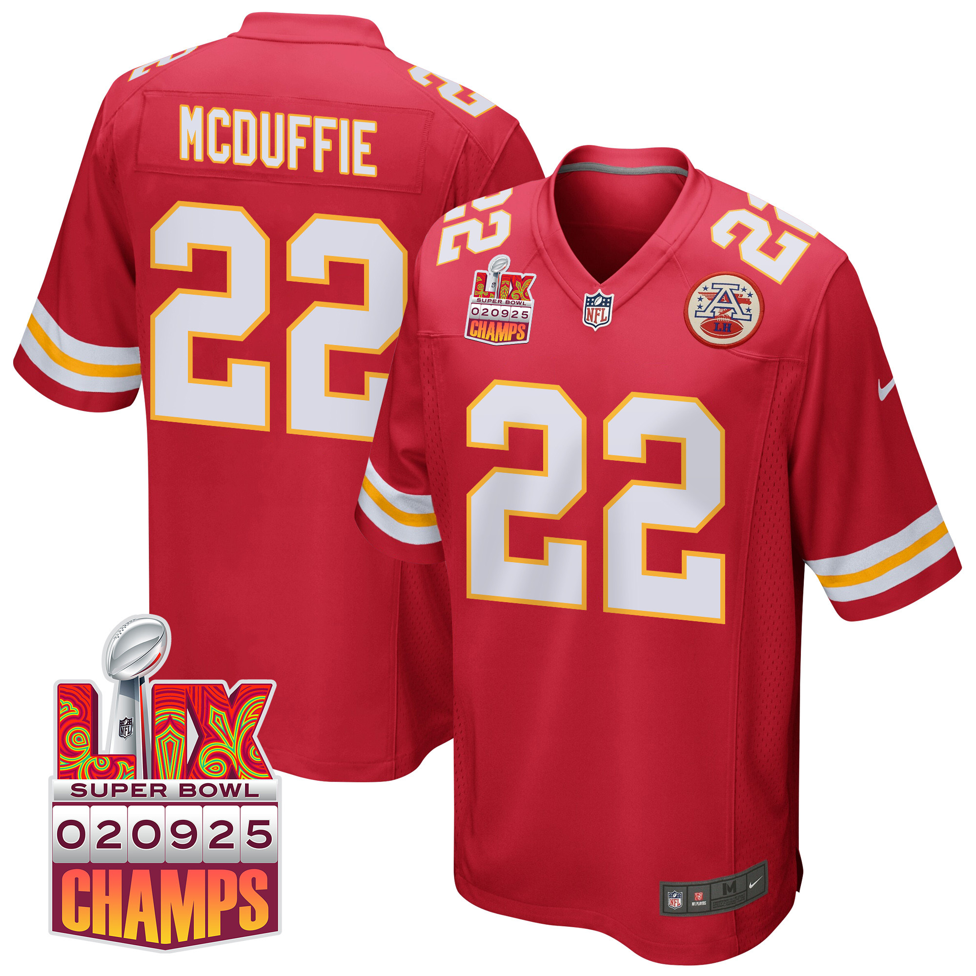 Trent McDuffie 22 Kansas City Chiefs Super Bowl LIX Champions Patch Game Red NFL Jersey Men's