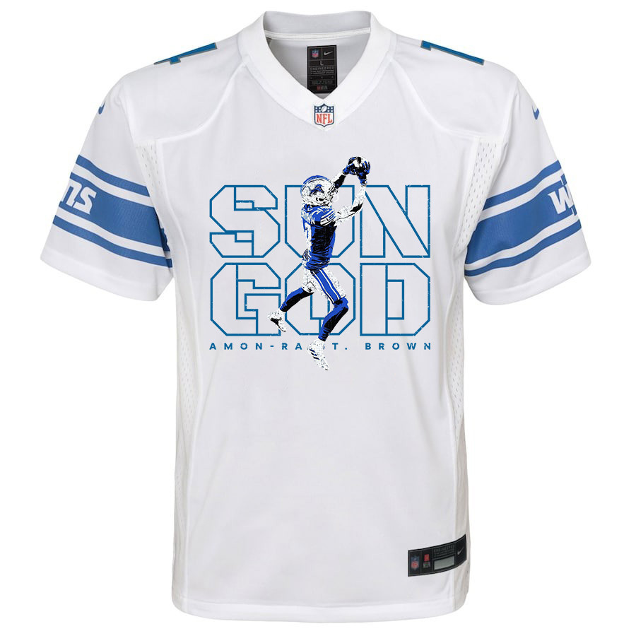 Amon-Ra St. Brown 14 Detroit Lions Sun God Game White NFL Jersey Youth