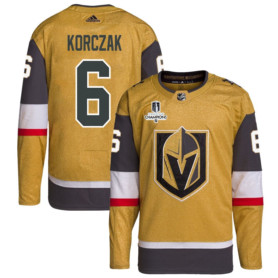 Kaedan Korczak 6 Vegas Golden Knights Stanley Cup 2023 Champions Patch Home Breakaway Gold NHL Jersey Men's