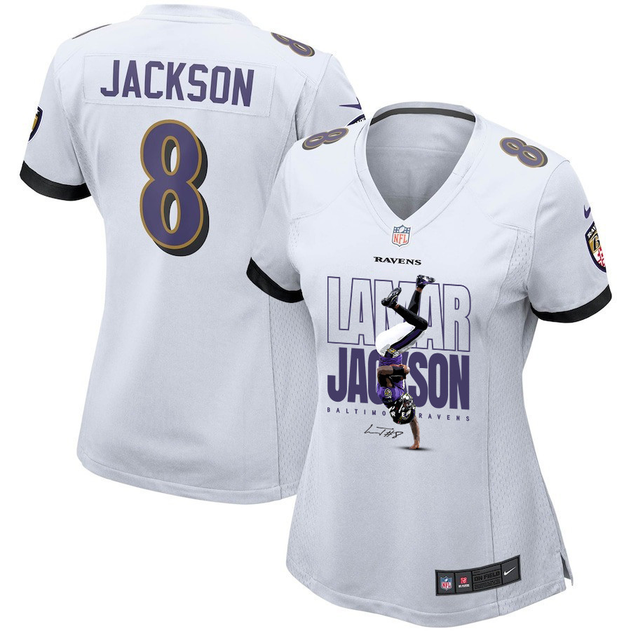 Lamar Jackson 8 Baltimore Ravens Lamar the Merrier Game White NFL Jersey Women's