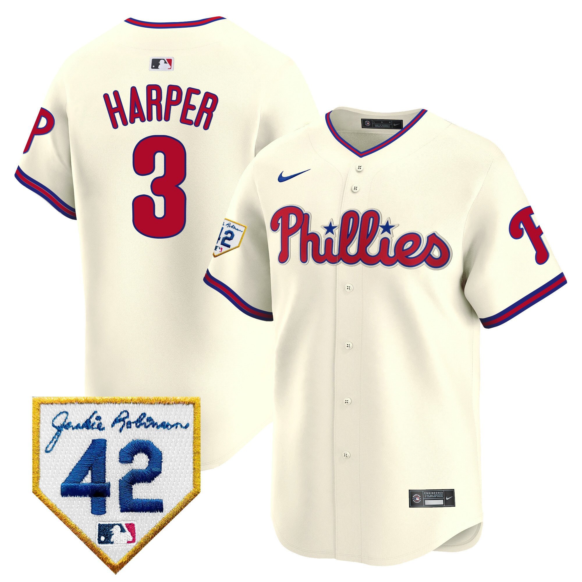 Bryce Harper 3 Philadelphia Phillies 2024 Jackie Robinson Patch Cream MLB Jersey Men's