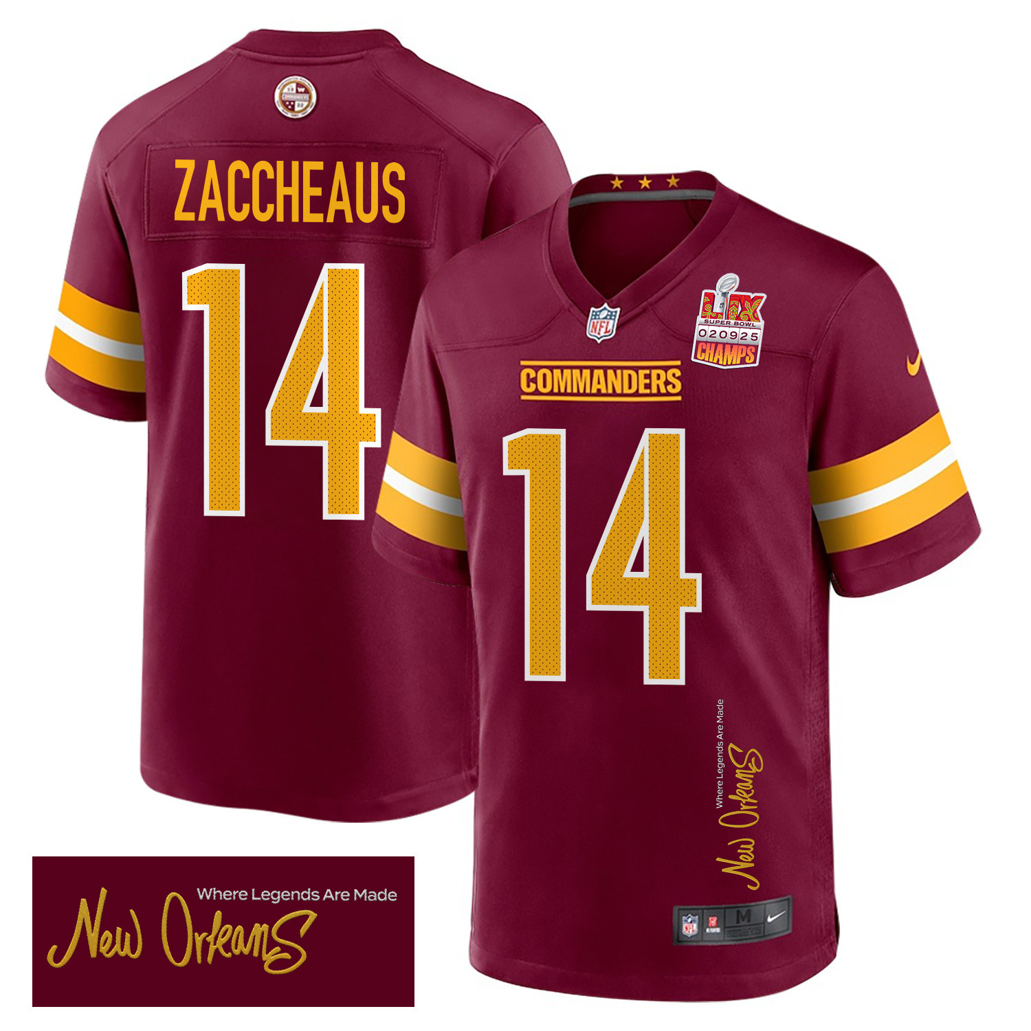 Olamide Zaccheaus 14 Washington Commanders Super Bowl LIX Champions Patch New Orleans Where Legends Are Made' EMBROIDERED Game Burgundy NFL Jersey Men's