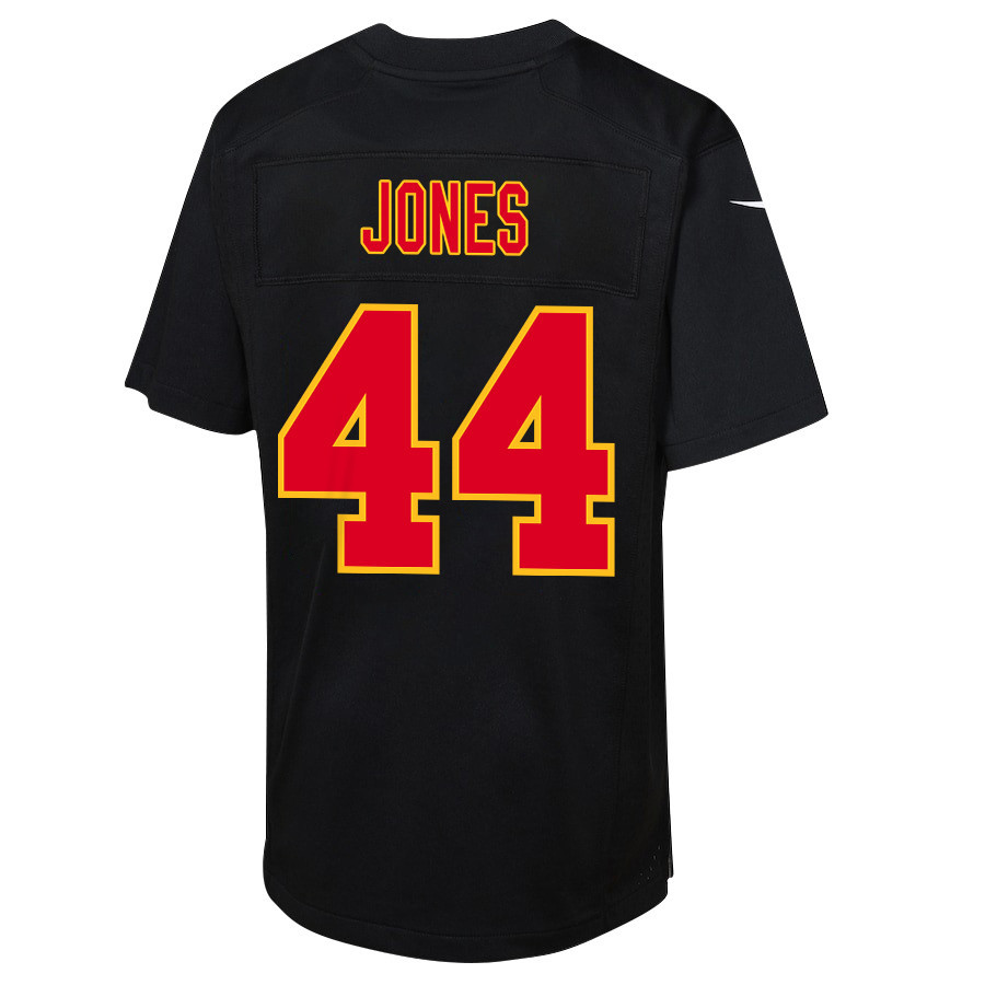 Cam Jones 44 Kansas City Chiefs Super Bowl LVIII Champions 4 Stars Patch Fashion Game Carbon Black NFL Jersey Youth
