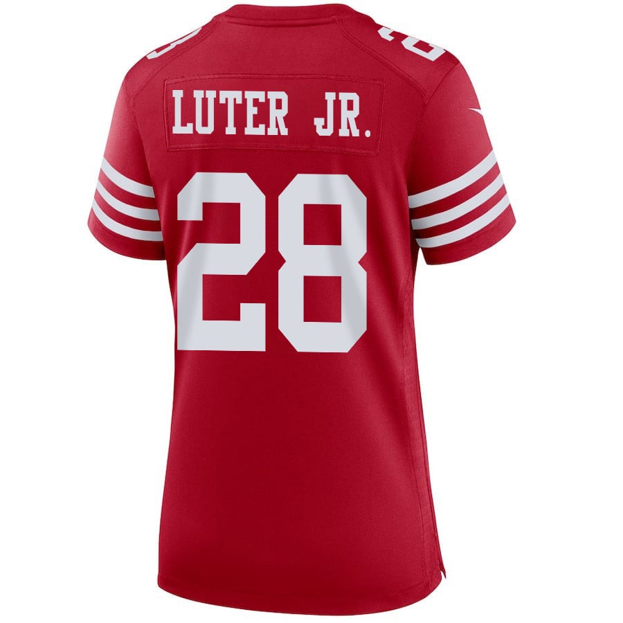 Darrell Luter Jr. 28 San Francisco 49ers Super Bowl LVIII Patch Game Scarlet NFL Jersey Women's