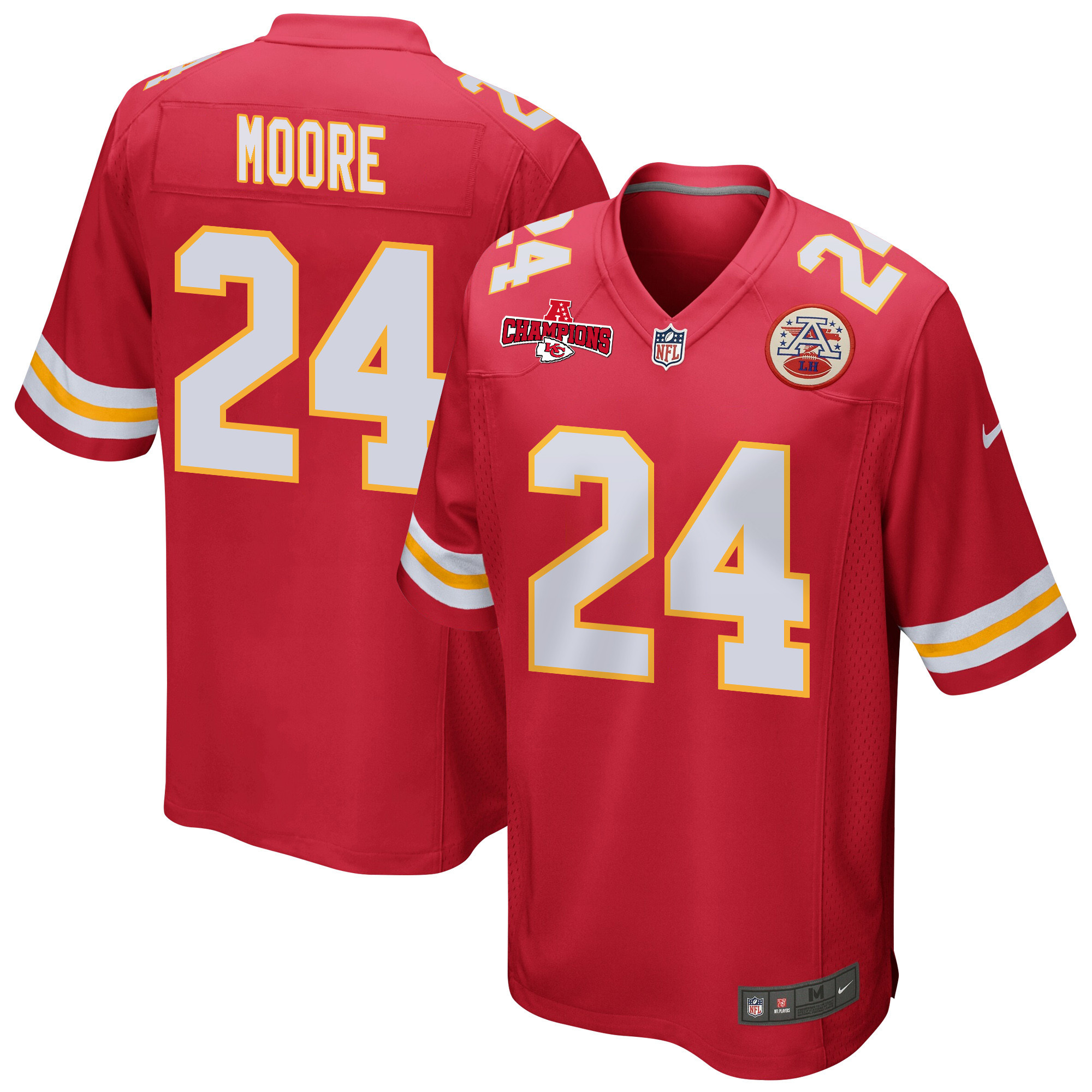 Skyy Moore 24 Kansas City Chiefs AFC Champions Patch Game Red NFL Jersey Men's