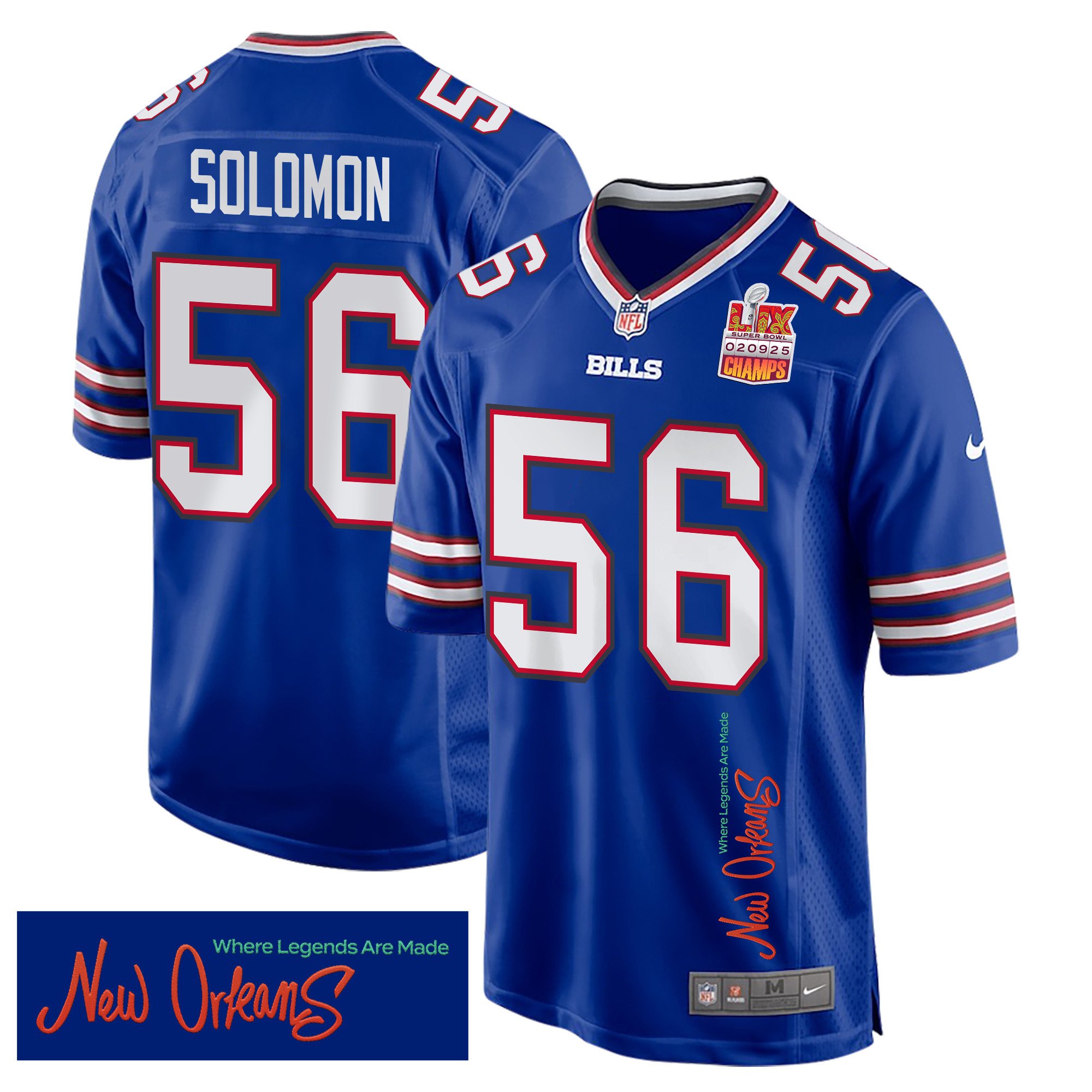 Javon Solomon 56 Buffalo Bills Super Bowl LIX Champions Patch New Orleans Where Legends Are Made' EMBROIDERED Game Royal NFL Jersey Men's