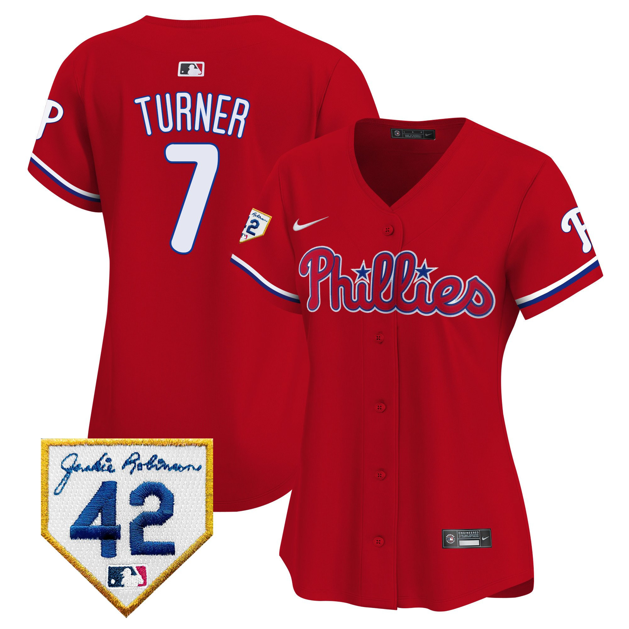 Trea Turner 7 Philadelphia Phillies 2024 Jackie Robinson Patch Red MLB Jersey Women's
