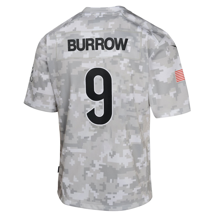 Joe Burrow 9 Cincinnati Bengals 2024 Salute to Service Game Arctic Camo NFL Jersey Youth