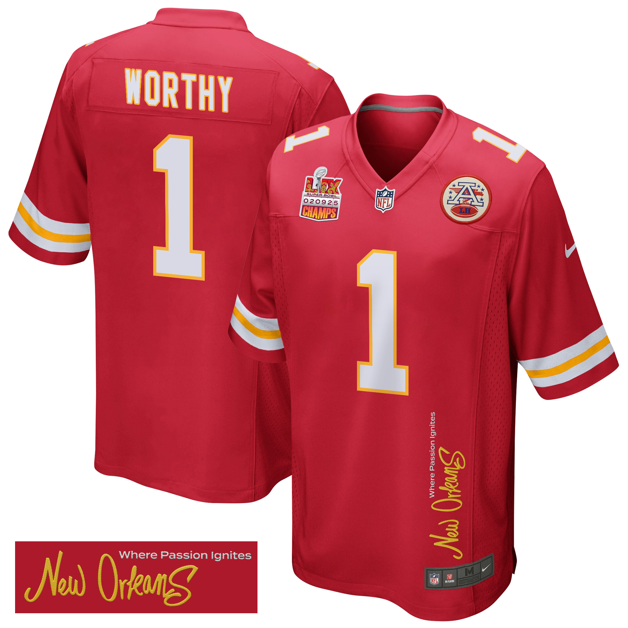 Xavier Worthy 1 Kansas City Chiefs Super Bowl LIX Champions Patch New Orleans Where Passion Ignites' EMBROIDERED Game Red NFL Jersey Men's