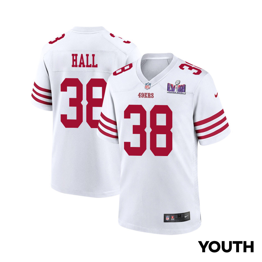 Kemon Hall 38 San Francisco 49ers Super Bowl LVIII Patch Game White NFL Jersey Youth
