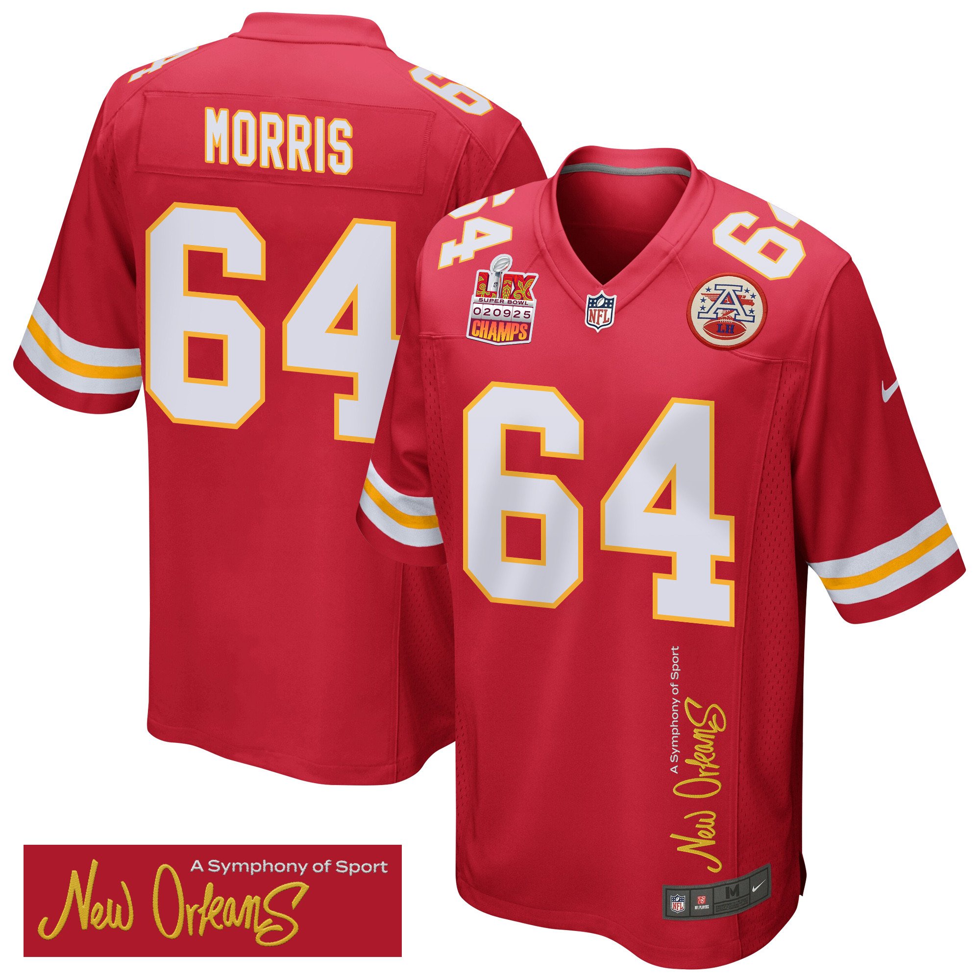 Wanya Morris 64 Kansas City Chiefs Super Bowl LIX Champions Patch New Orleans A Symphony of Sport' EMBROIDERED Game Red NFL Jersey Men's