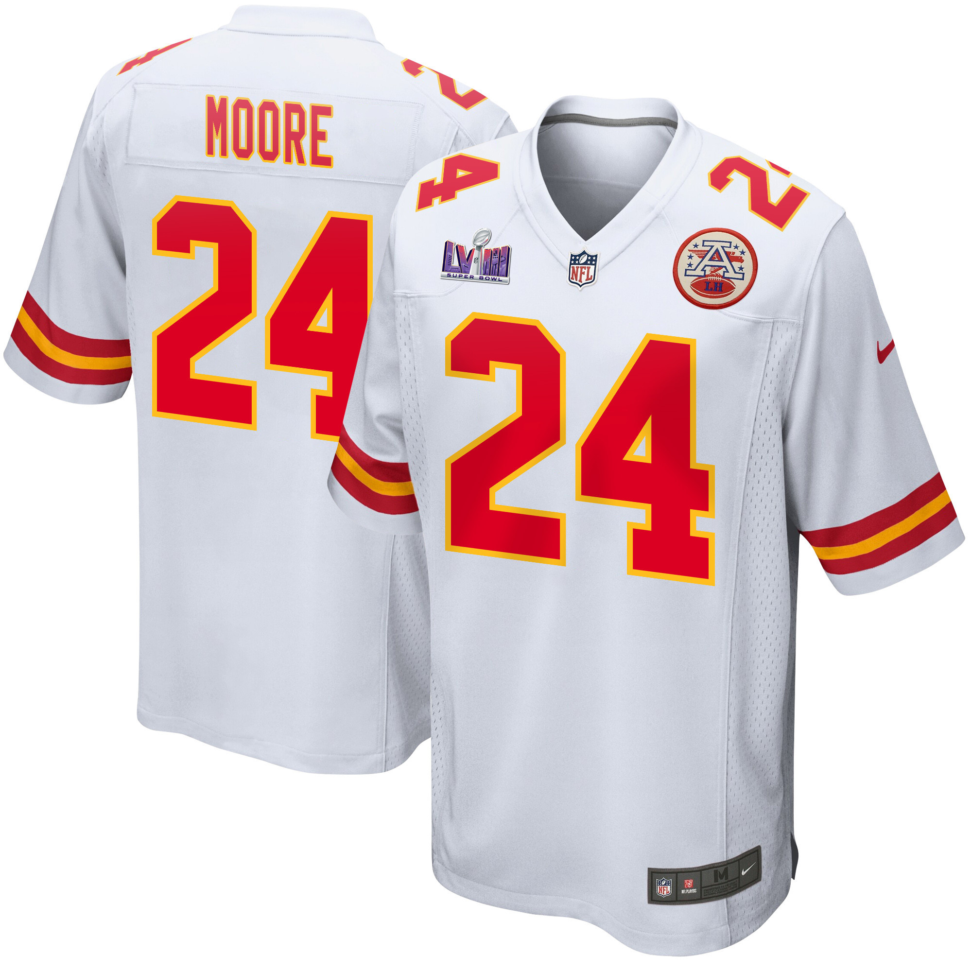 Skyy Moore 24 Kansas City Chiefs Super Bowl LVIII Patch Game White NFL Jersey Men's