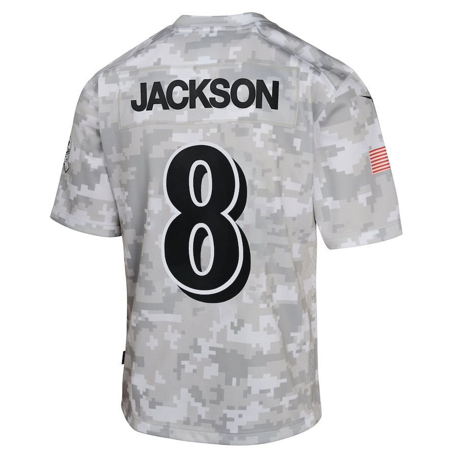 Lamar Jackson 8 Baltimore Ravens 2024 Salute to Service Game Arctic Camo NFL Jersey Youth