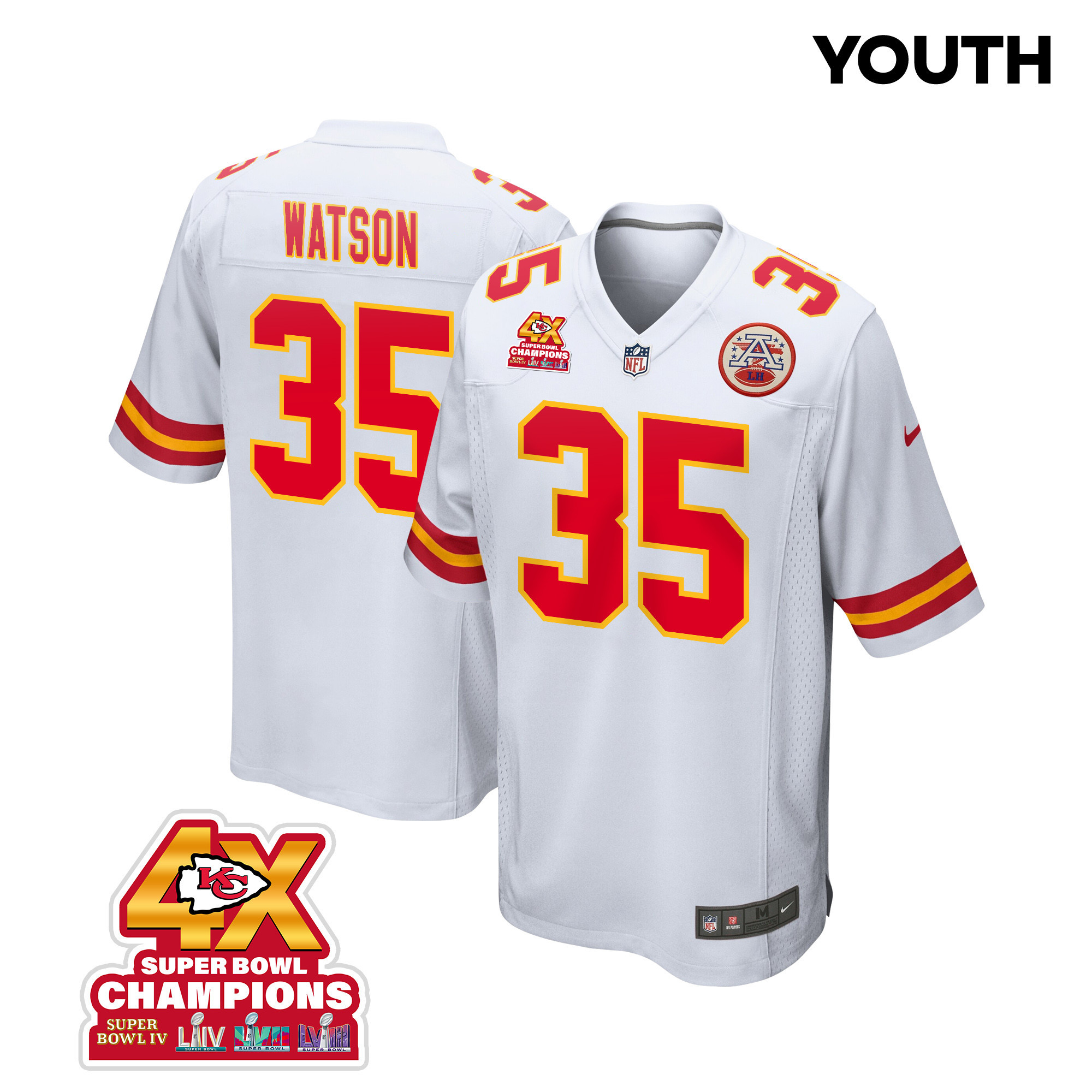 Jaylen Watson 35 Kansas City Chiefs Super Bowl LVIII Champions 4X Game White NFL Jersey Youth