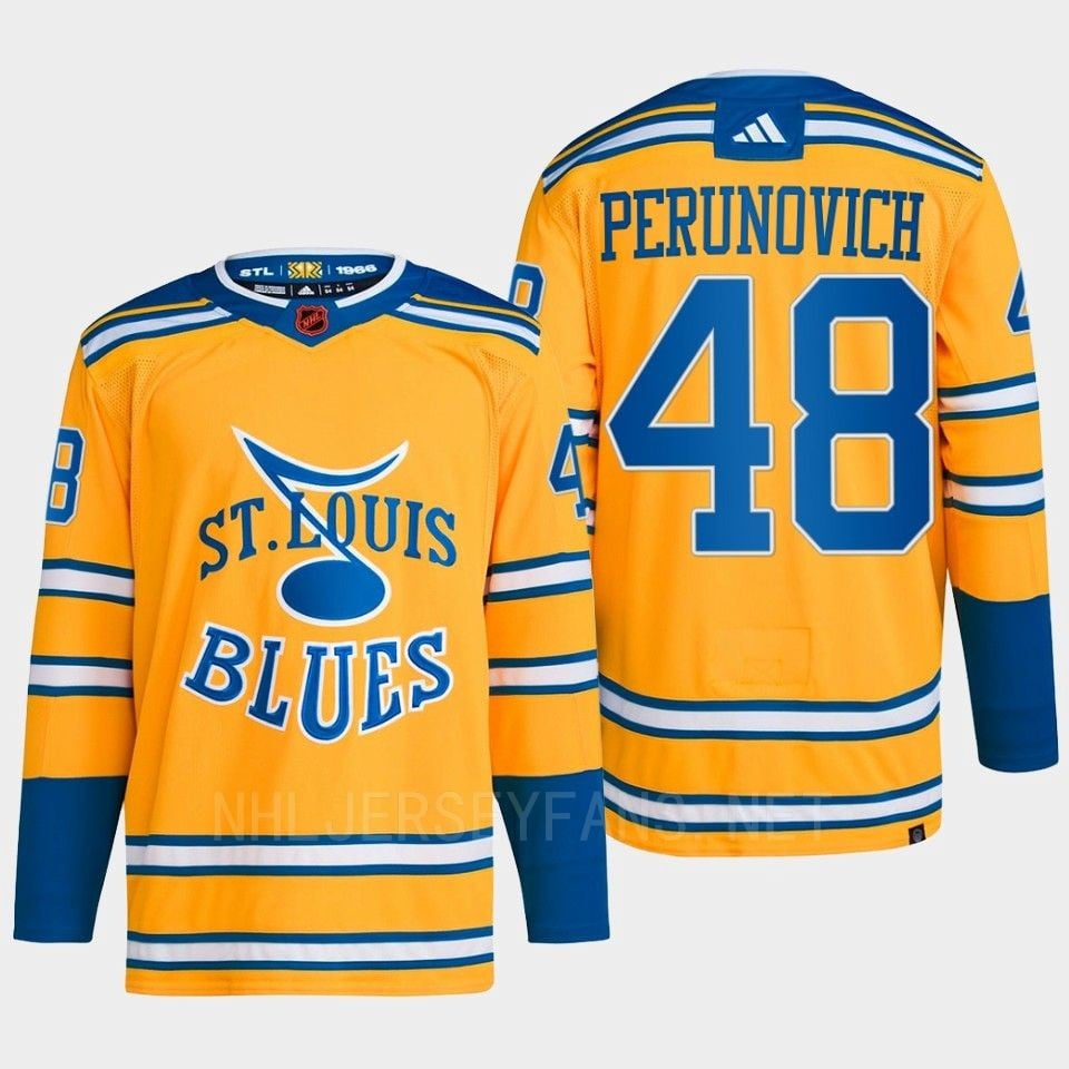 Scott Perunovich 48 Reverse Retro 2.0 2022 St. Louis Blues Yellow Primegreen NHL Jersey Men's