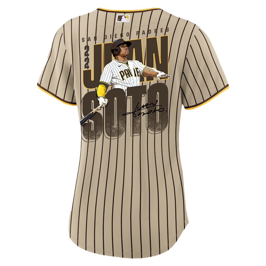Juan Soto 22 San Diego Padres Signed Posture 2023 Alternate Player Tan MLB Jersey Women's