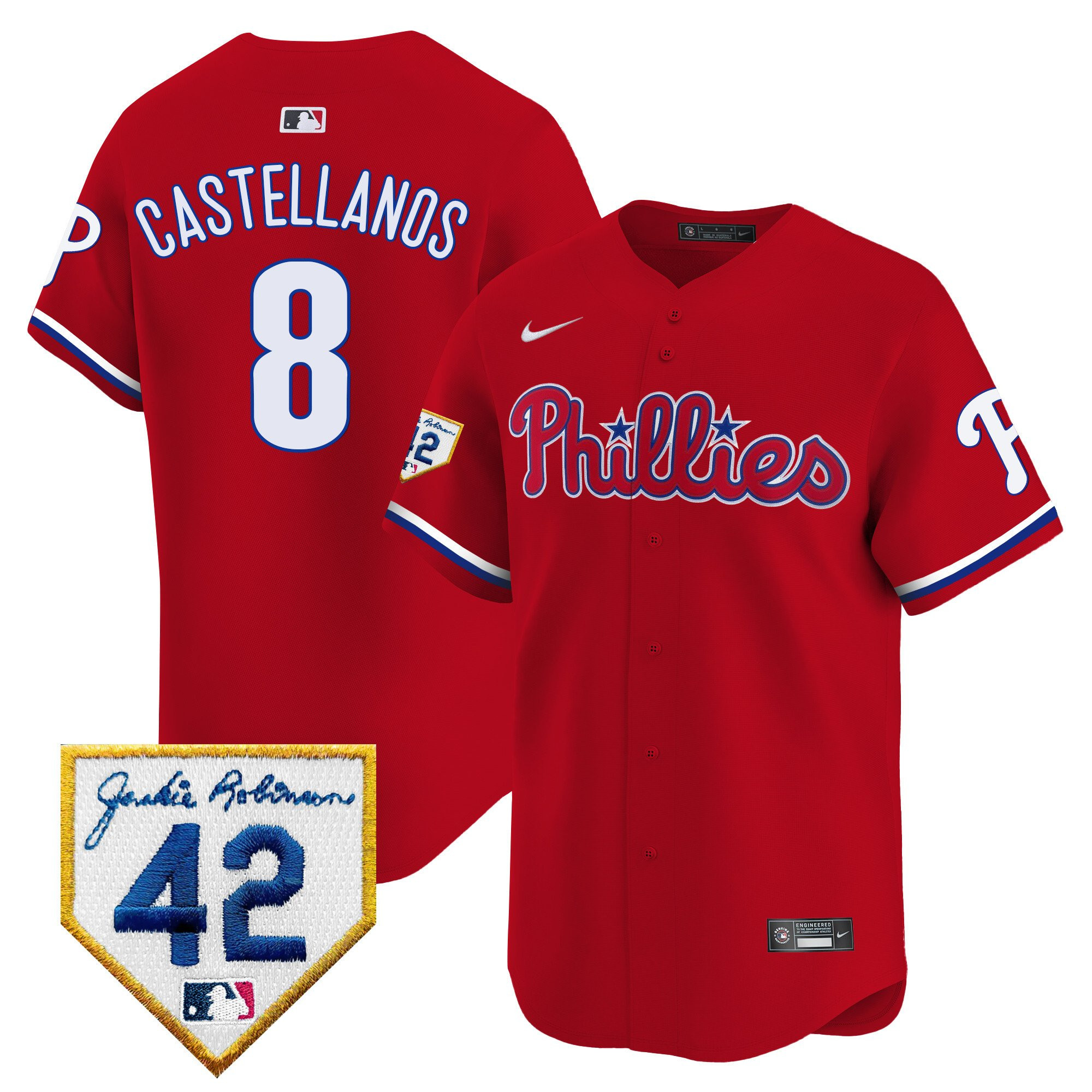 Nick Castellanos 8 Philadelphia Phillies 2024 Jackie Robinson Patch Red MLB Jersey Men's