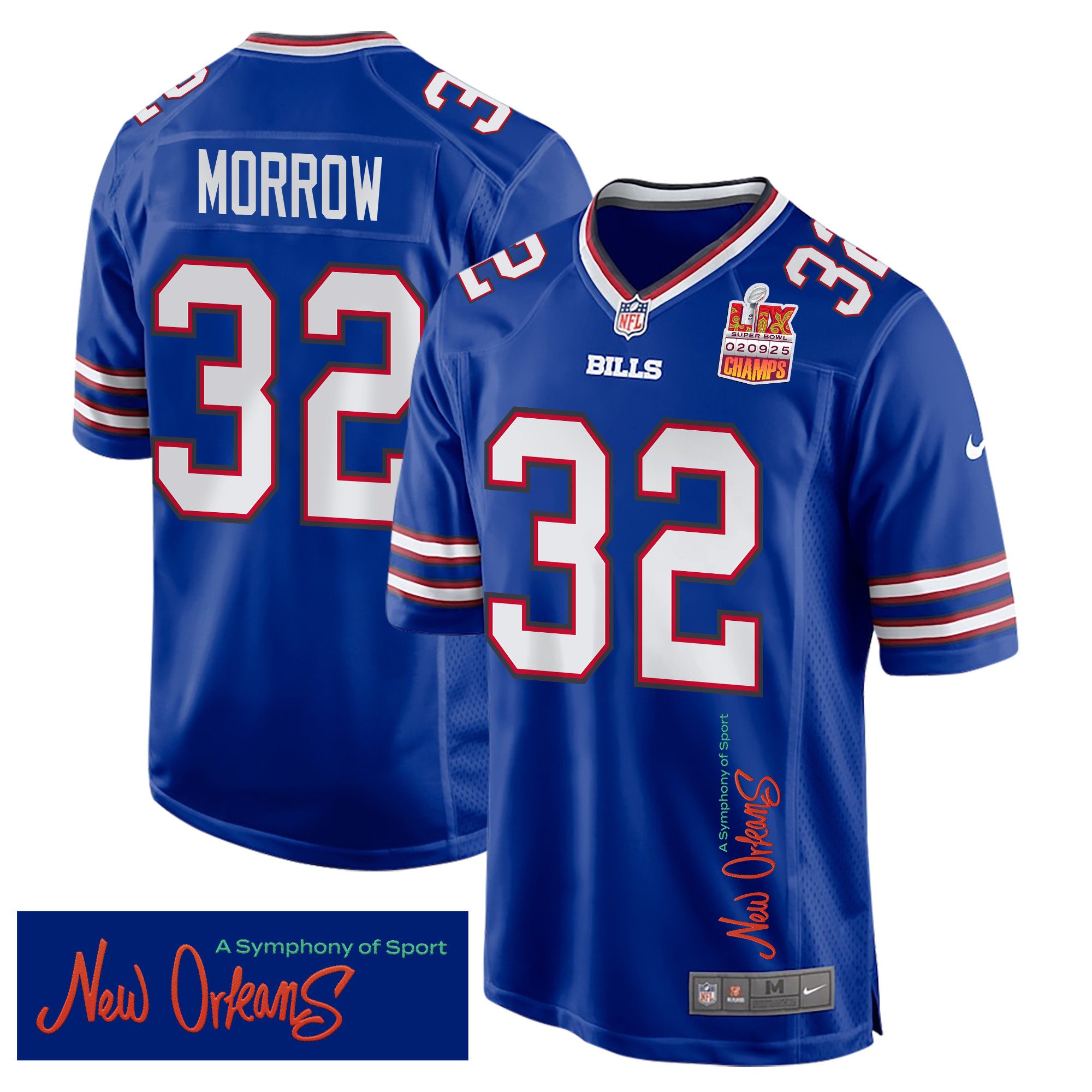 Nicholas Morrow 32 Buffalo Bills Super Bowl LIX Champions Patch New Orleans A Symphony of Sport' EMBROIDERED Game Royal NFL Jersey Men's