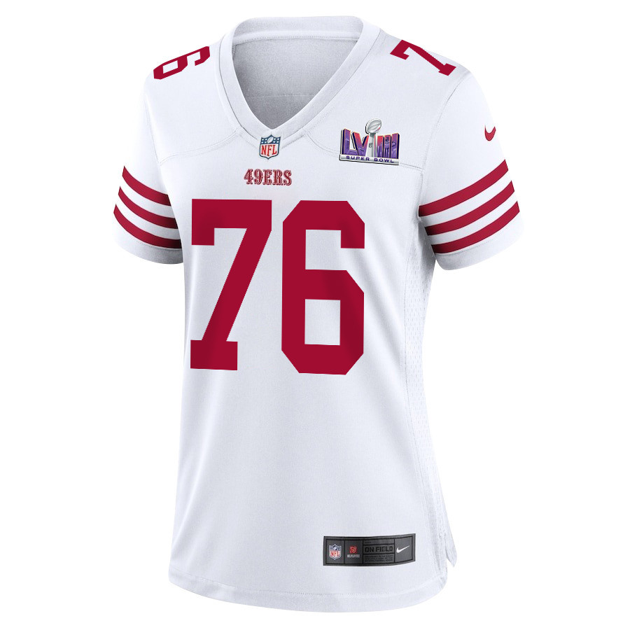 Jaylon Moore 76 San Francisco 49ers Super Bowl LVIII Patch Game White NFL Jersey Women's