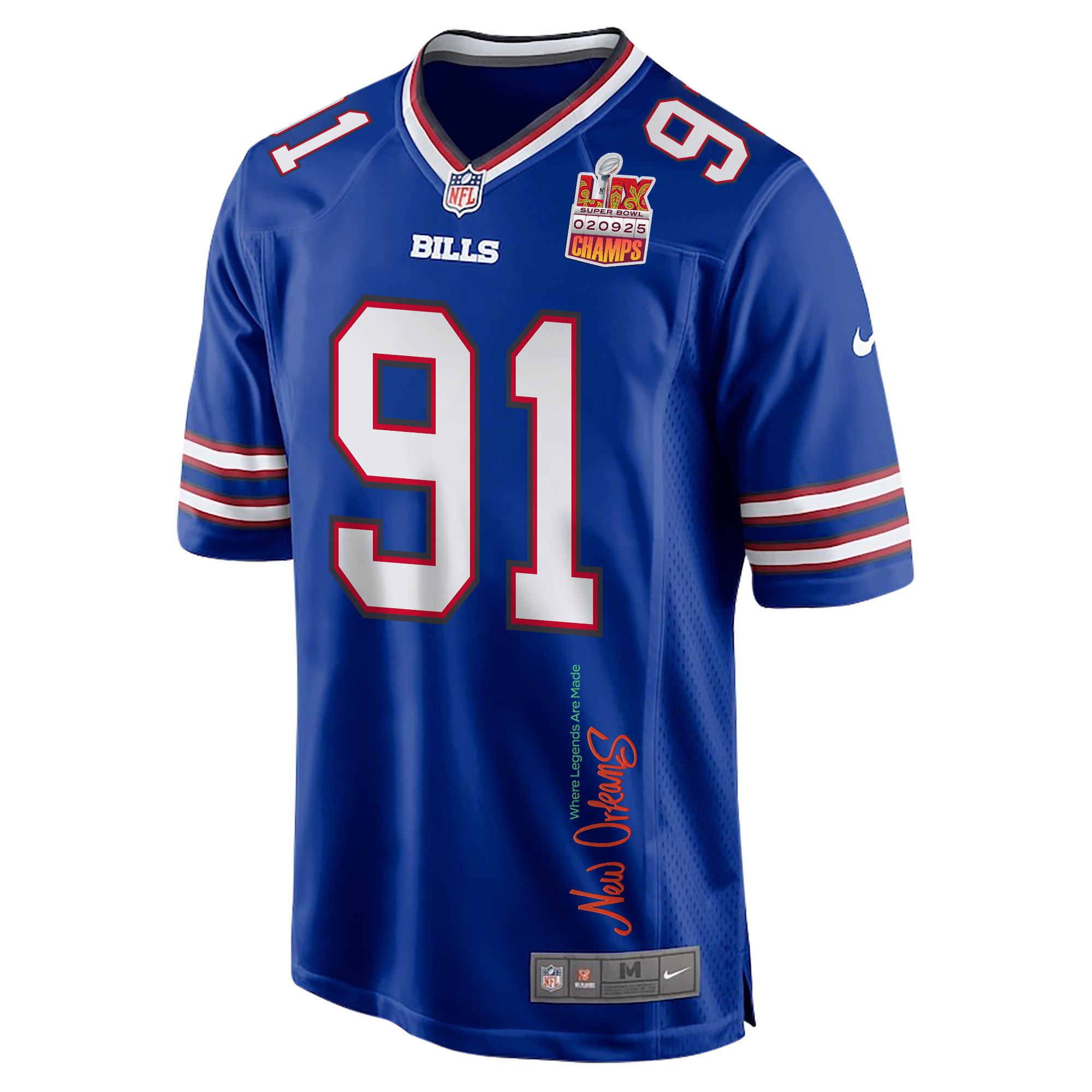Ed Oliver 91 Buffalo Bills Super Bowl LIX Champions Patch New Orleans Where Legends Are Made' EMBROIDERED Game Royal NFL Jersey Men's
