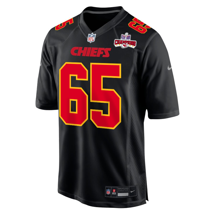 Trey Smith 65 Kansas City Chiefs Super Bowl LVIII Champions 4 Stars Patch Fashion Game Carbon Black NFL Jersey Men's
