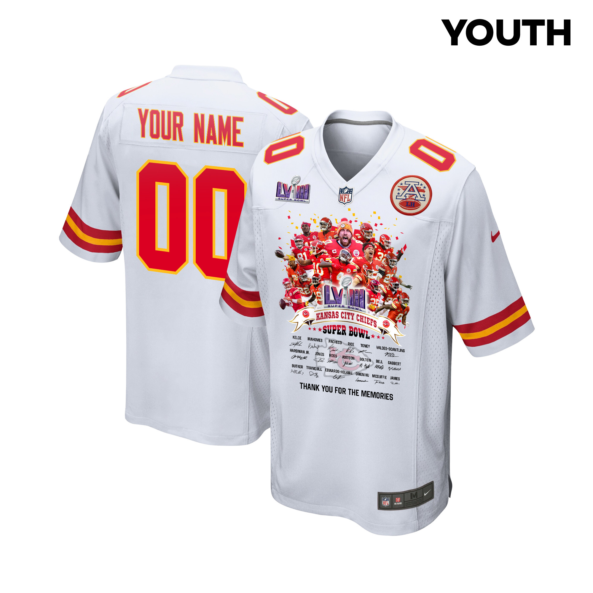 Kansas City Chiefs Super Bowl LVIII Thanks For Memories Game Custom White NFL Jersey Youth