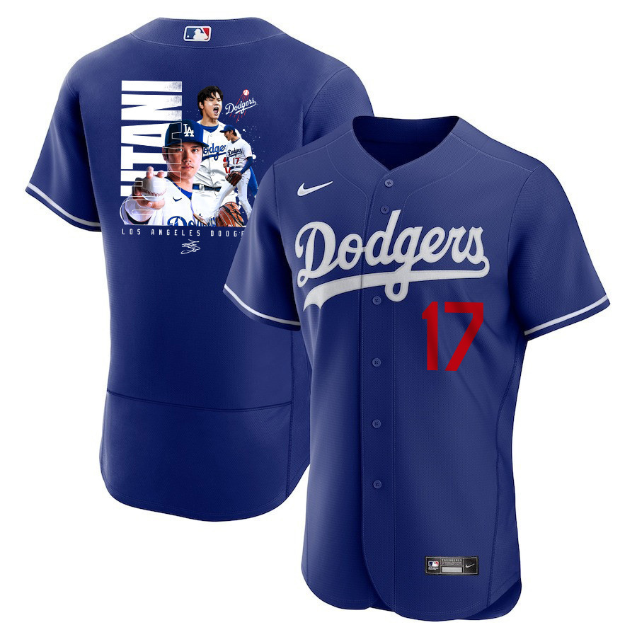 Shohei Ohtani 17 Los Angeles Dodgers Signed Name 2023 Alternate ELITE Royal MLB Jersey Men's
