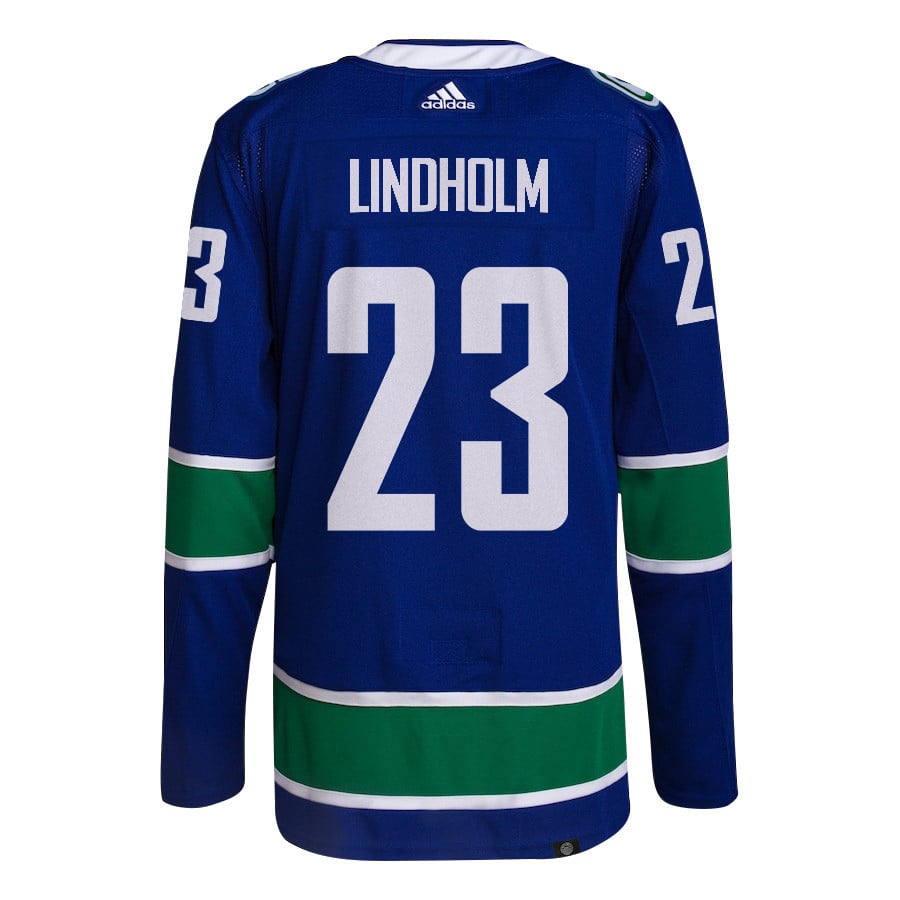 Elias Lindholm 23 Vancouver Canucks 2024 Playoffs Patch Home Blue NHL Jersey Men's