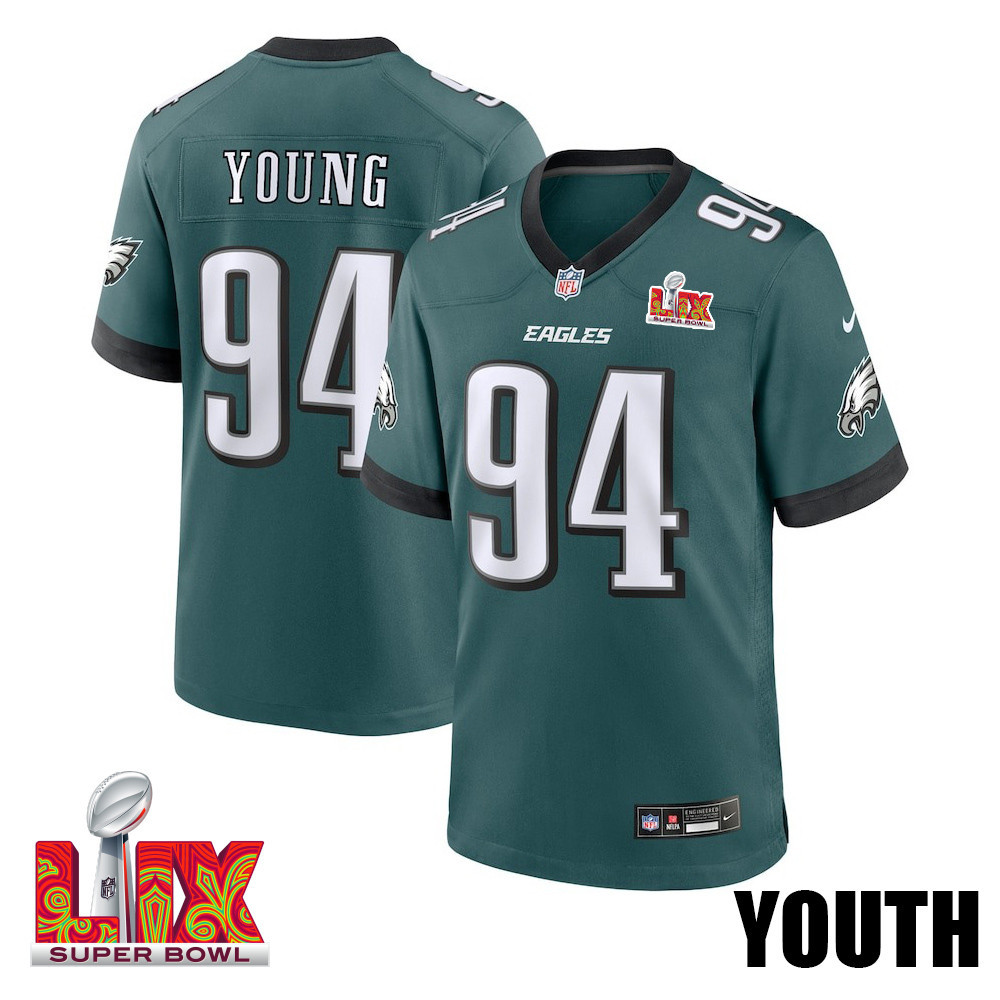 Byron Young #94 Philadelphia Eagles Super Bowl LIX Midnight Green NFL Jersey Youth