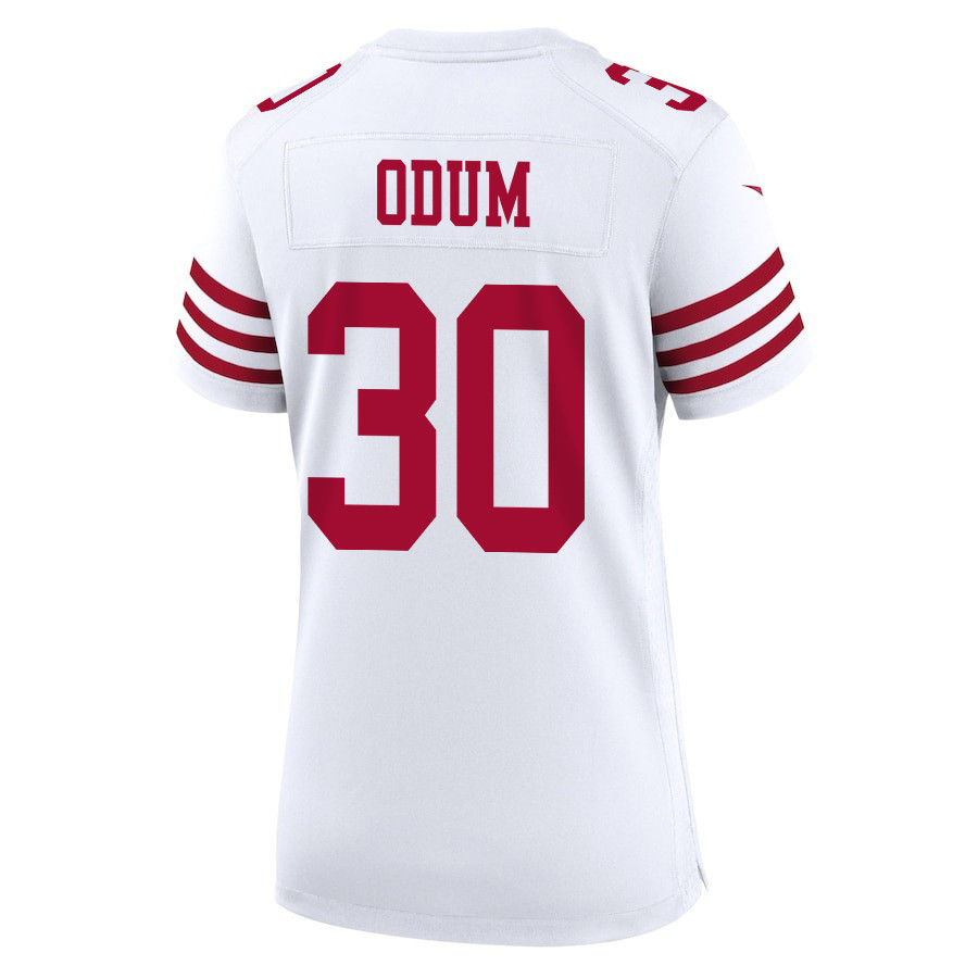 George Odum 30 San Francisco 49ers Super Bowl LVIII Patch Game White NFL Jersey Women's