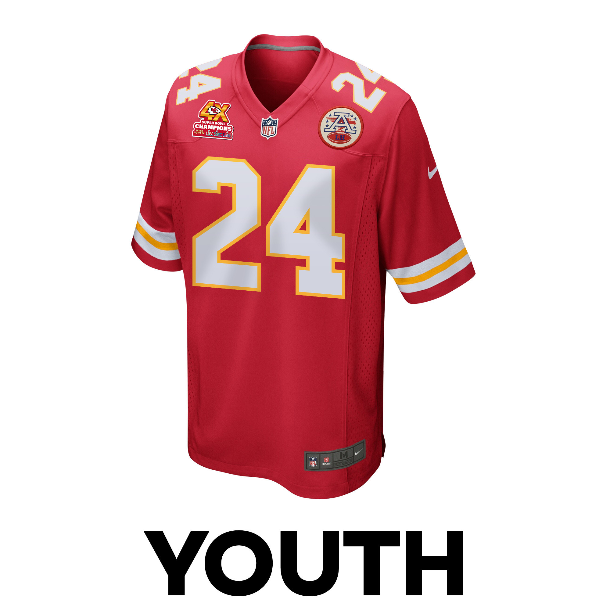 Skyy Moore 24 Kansas City Chiefs Super Bowl LVIII Champions 4X Game Red NFL Jersey Youth