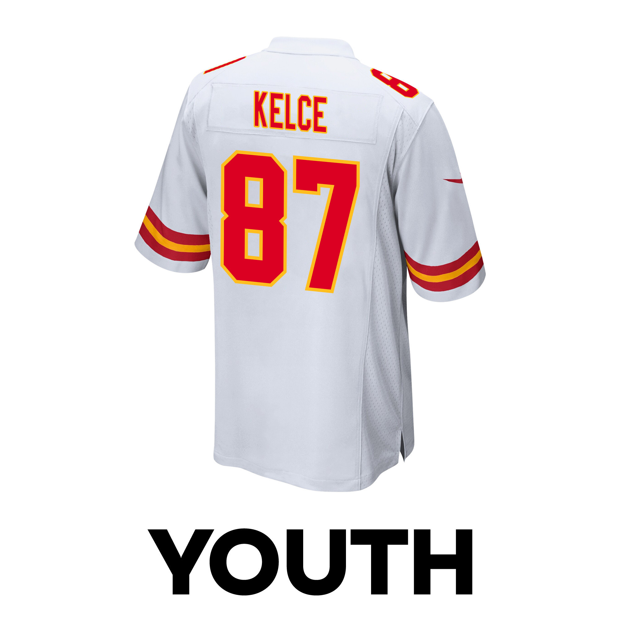Travis Kelce 87 Kansas City Chiefs Super Bowl LVIII Champions 4 Stars Patch Game White NFL Jersey Youth