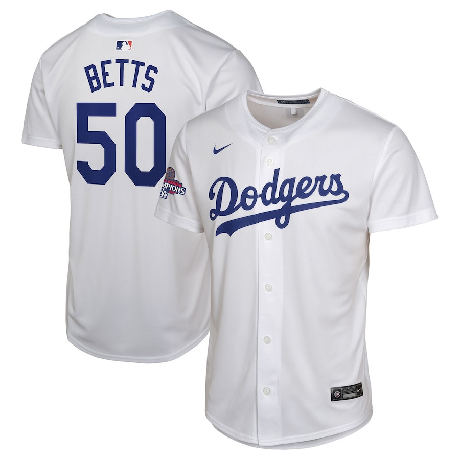Mookie Betts 50 Los Angeles Dodgers 2024 World Series Champions Home Game Player White MLB Jersey Youth