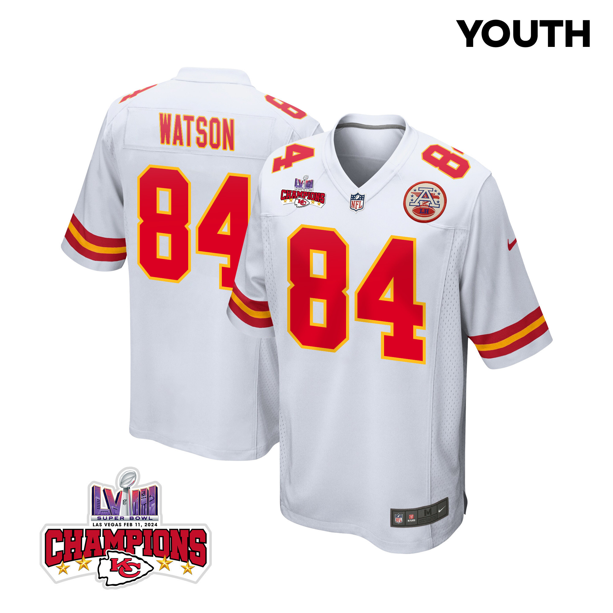Justin Watson 84 Kansas City Chiefs Super Bowl LVIII Champions 4 Stars Patch Game White NFL Jersey Youth