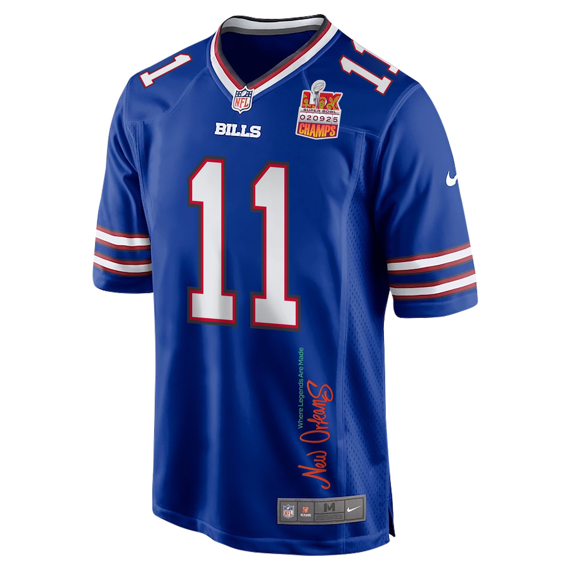 Mitchell Trubisky 11 Buffalo Bills Super Bowl LIX Champions Patch New Orleans Where Legends Are Made' EMBROIDERED Game Royal NFL Jersey Men's